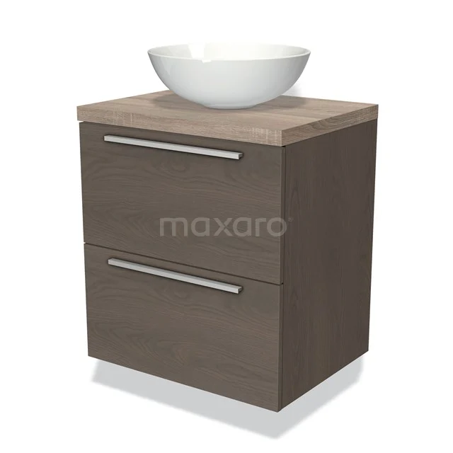 Houten badkamermeubel met waskom, lichtbruin met twee lades en metalen handgrepen, ideaal voor een moderne badkamer.