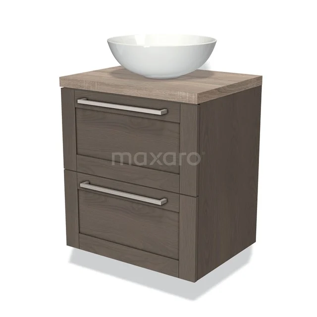 Houten badkamermeubel met twee lades en een witte komvormige wastafel, modern design voor stijlvolle badkamerinrichting.