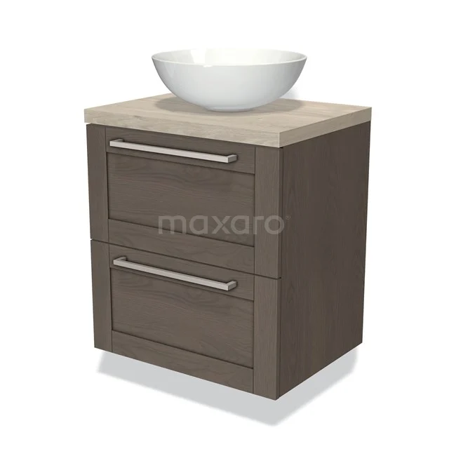 Badmöbel für Waschtischunterschrank mit Konsole 60cm Modulo Plato dunkelbraune Eiche 2 Schubladen Rahmen hellgraue Eiche Platte BMK17-01508 Moderne hölzerne Badschrank mit zwei Schubladen, beiger Waschtischplatte und weißem Aufsatzwaschbecken; ideal für stilvolles Badmöbel Design.