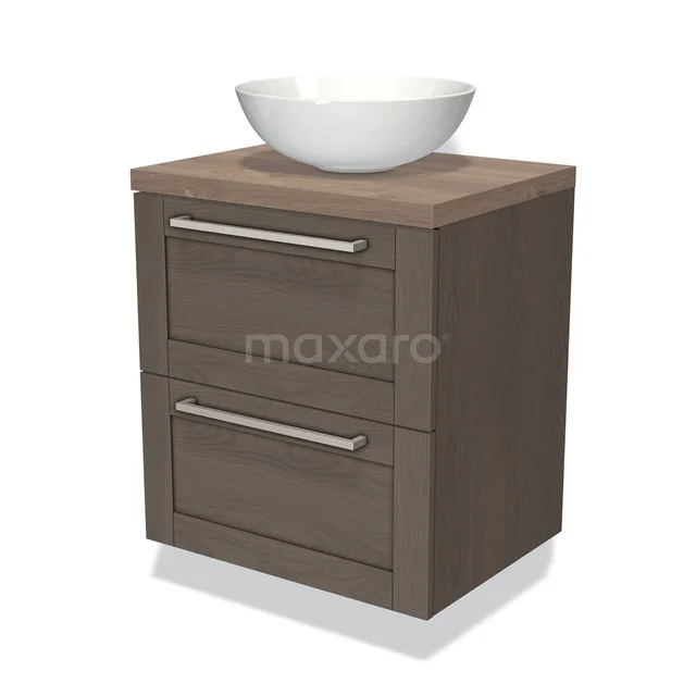 Houten badkamermeubel met twee lades, wastafel van keramiek en modern design, ideaal voor een stijlvolle badkamer inrichting.