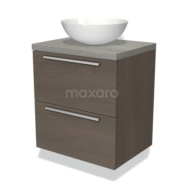 Modern badkamermeubel met donker houten finish, twee lades en witte opzetwastafel; stijlvol en praktisch.