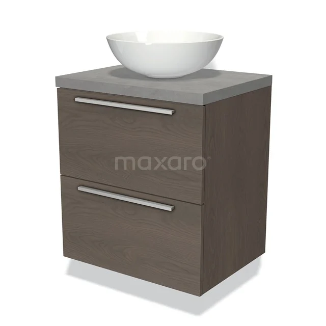 Houten badkamermeubel met twee lades, grijs blad en ronde witte waskom, modern design.