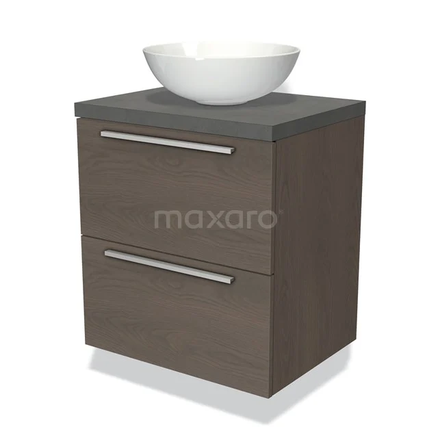 Modulo Plato Badmöbel mit Aufsatzwaschbecken | 60 cm Dunkelbraune Eiche Flach front Dunkelgrauer Beton blatt 2 übereinanderliegende Schubladen BMK17-01517 Holz Badezimmermöbel mit zwei Schubladen, graue Platte und weißem runden Aufsatzwaschbecken für eine moderne und stilvolle Badezimmergestaltung.