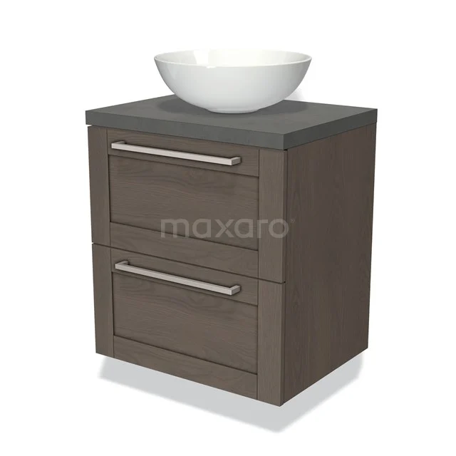 Houten wastafelmeubel met grijze bovenplaat, witte waskom en twee lades; stijlvol badkamermeubel voor moderne badkamers.