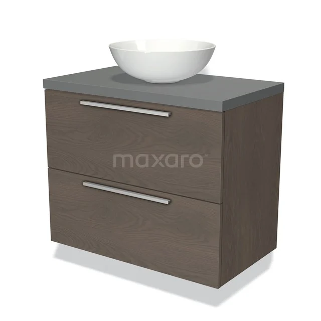 Modern wastafelmeubel met grijze top, houtfinish en witte kom; stijlvolle oplossing voor badkameropslag.