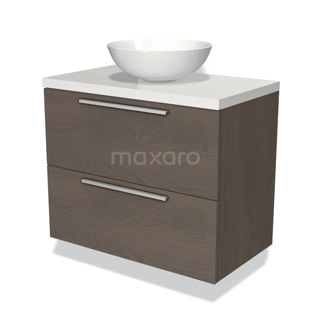 Houten badkamermeubel met witte wastafel, modern design, twee lades met metalen handgrepen, perfect voor stijlvolle badkamers.