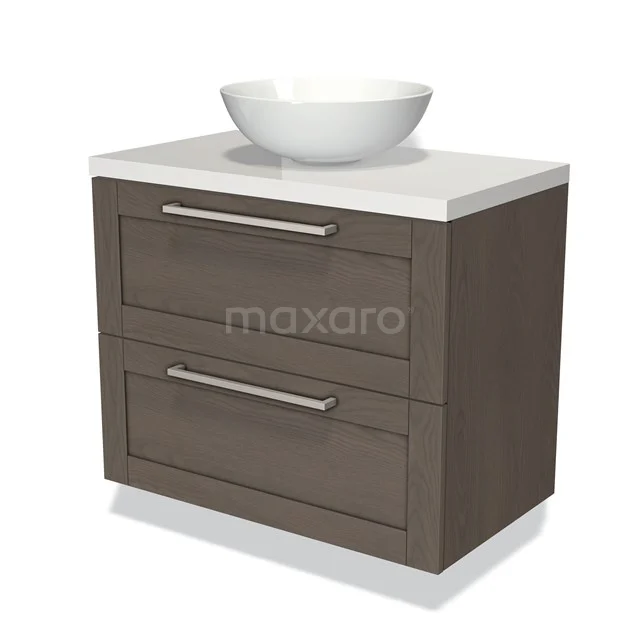Houten badkamermeubel met twee lades, witte wastafelkom en modern design. Perfect voor een stijlvolle badkamer inrichting.