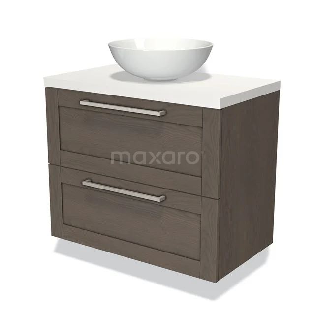 Bruine badkamermeubelset met twee lades, witte opzetwaskom en strak design, ideaal voor moderne badkamers.