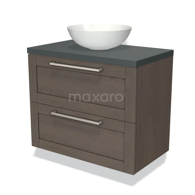 Modulo Plato Vanity units for countertop basin | 80 cm Dark brown oak Bordered front Dark grey worktop 2 Stacked drawers BMK17-01528 Wooden bathroom unit with dark grey worktop, ceramic bowl and two drawers, stylish and ideal for modern bathrooms.