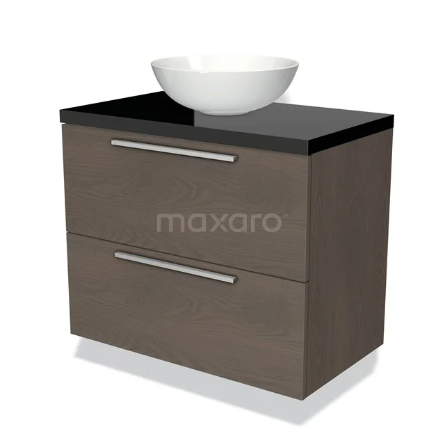 Houten badkamermeubel met donkere wastafelblad, ronde keramische waskom en zilverkleurige handgrepen, modern design.