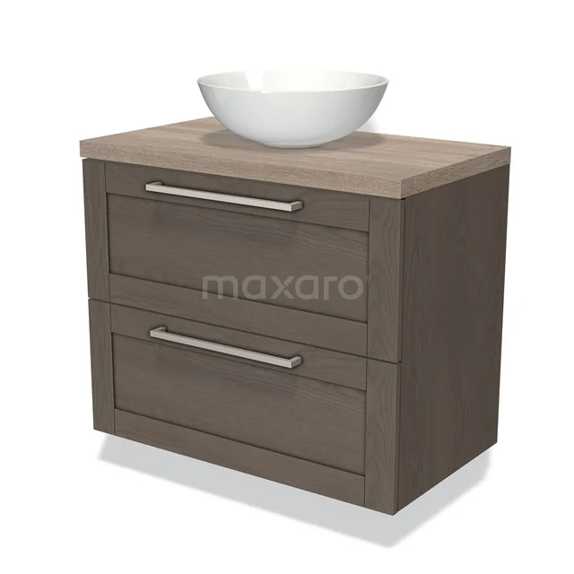 Houten badkamermeubel met wastafel, taupe kleur, twee lades en moderne handgrepen, ideaal voor stijlvolle badkameropslag.