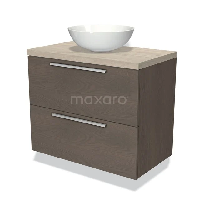 Moderne houten badkamermeubel met twee lades, beige wastafelblad en ronde witte waskom, ideaal voor stijlvolle badkamers.