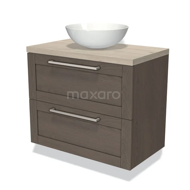 Houten badkamermeubel met twee lades en een witte keramische waskom, ideaal voor een moderne badkamerinrichting.
