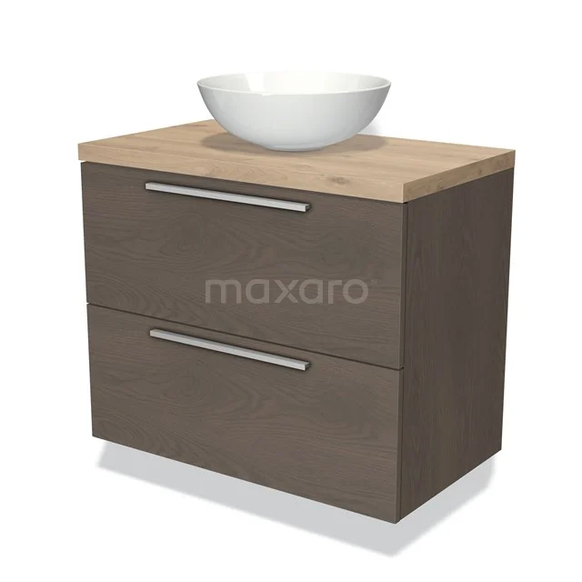 Wooden bathroom unit with drawer fronts, oval white countertop wash basin and metal handles; modern and practical design.
