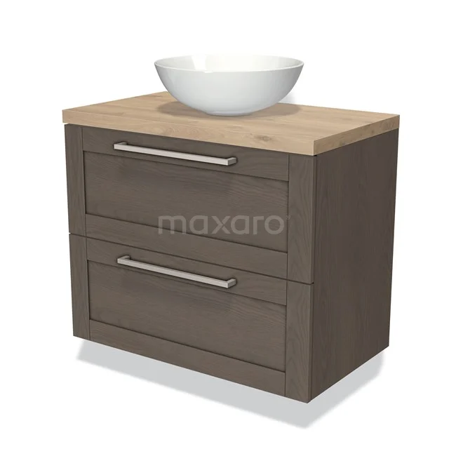 Badmöbel für Waschtischunterschrank mit Konsole 80cm Modulo Plato dunkelbraune Eiche 2 Schubladenrahmen hellbraune Eiche Platte BMK17-01536 Holz-Badmöbel mit Schublade, Naturholz-Platte und einem weißen, ovalen Aufsatzwaschbecken; modernes Design, perfekt für jedes Badezimmer.