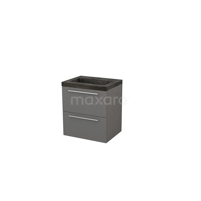Modulo+ Bathroom furniture with sink | 60 cm Basalt Flat front Natural stone 2 Stacked drawers BMP002378 Grey bathroom cabinet with two drawers and matt black basin; modern design, ideal for compact bathrooms.