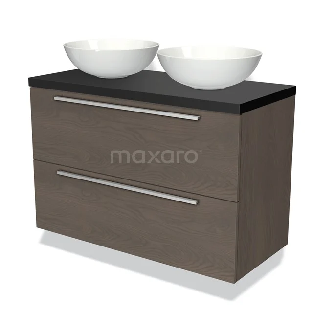 Houten badkamermeubel met twee witte waskommen, antraciet blad en zilverkleurige handgrepen, modern design.