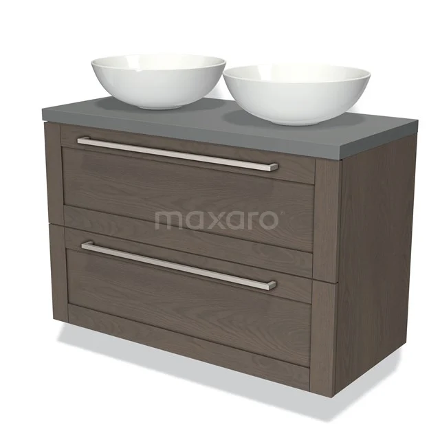 Wooden bathroom unit with dark grey worktop, two white countertop wash basins and silver handles, perfect for modern bathrooms.