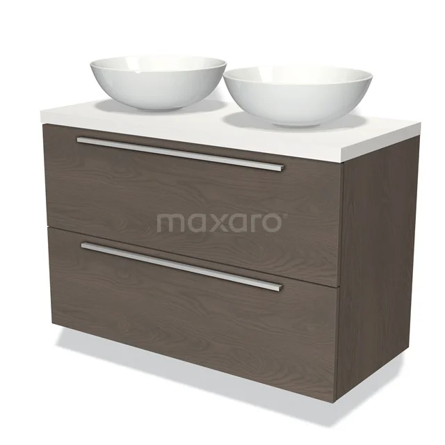 Moderne houten badkamermeubel met twee witte ronde waskommen, brede lades en strak design voor een stijlvolle badkamer.