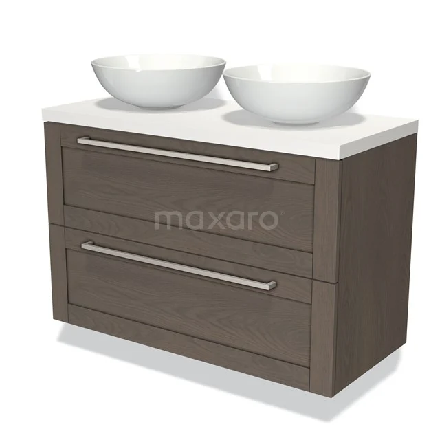 Houten badkamermeubel met twee witte wastafelkommen, moderne dubbele ladekast en strak design.