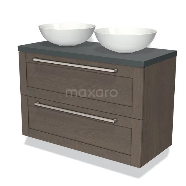Houten badkamermeubel met donker blad, dubbele ronde wastafels en metalen grepen, modern en functioneel ontwerp.
