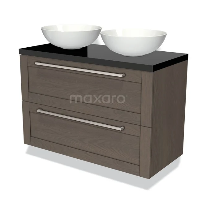 Houten badkamermeubel met twee lades, zwarte bovenblad en dubbele witte waskommen, ideaal voor moderne badkamers.