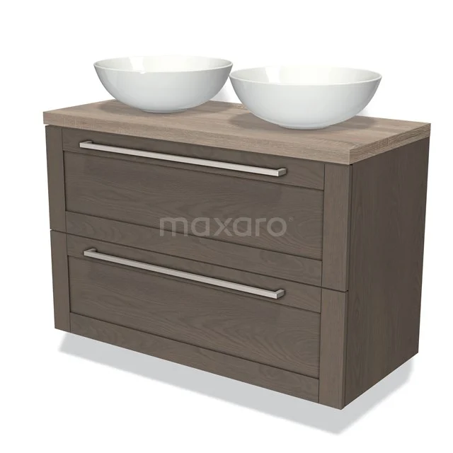 Badkamermeubel houtlook met dubbele waskom, modern design, twee lades met metalen grepen.