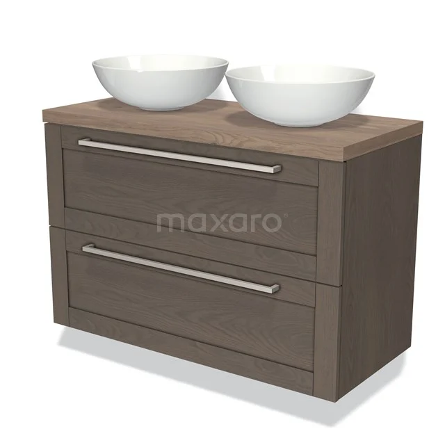 Wooden bathroom unit with two white countertop wash basins, modern design, two spacious drawers and sleek metal handles.
