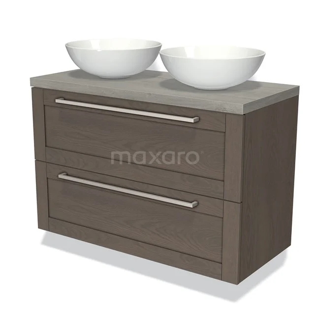 Wooden bathroom unit with two white countertop basins, grey concrete worktop and chrome handles.