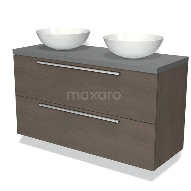 Badmöbel für Waschtischunterschrank mit Konsole 120cm Modulo Plato dunkelbraune Eiche 2 Schubladen Flach Mittelgrau Platte BMK17-01573 Holz Badezimmermöbel mit zwei weißen Aufsatzwaschbecken, grauer Oberseite und metallischen Haltegriffen; modernes und funktionales Erscheinungsbild.