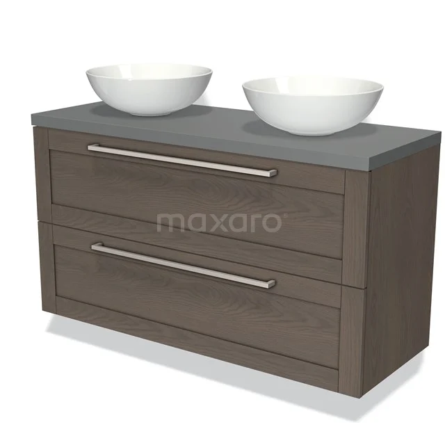 Houten badkamermeubel met twee witte waskommen, grijs blad, metalen grepen en strak design, ideaal voor moderne badkamers.