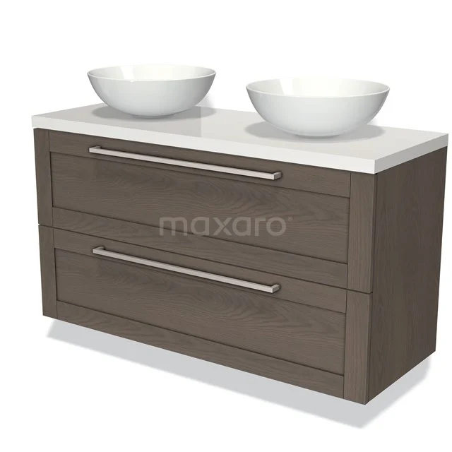 Modern wooden bathroom unit with double basins, white ceramic bowls and sleek drawers for stylish storage solution.