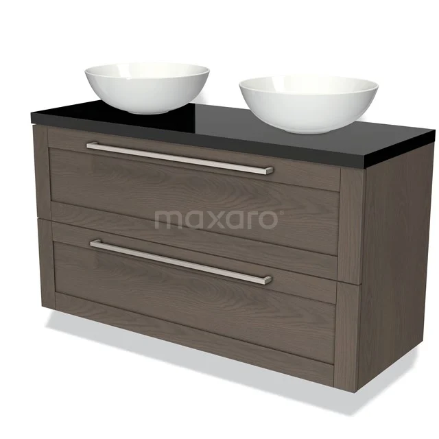 Wooden bathroom unit with two white vanity units with basin, black worktop and metal handles, modern and stylish design.