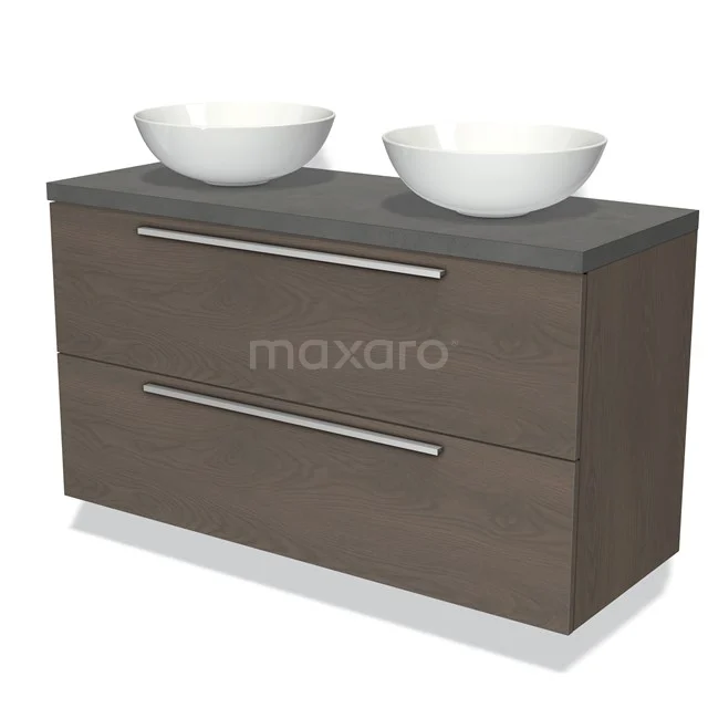 Houten badkamermeubel met dubbele witte wastafels, grijs blad en twee lades, moderne stijl voor een stijlvolle badkamer.