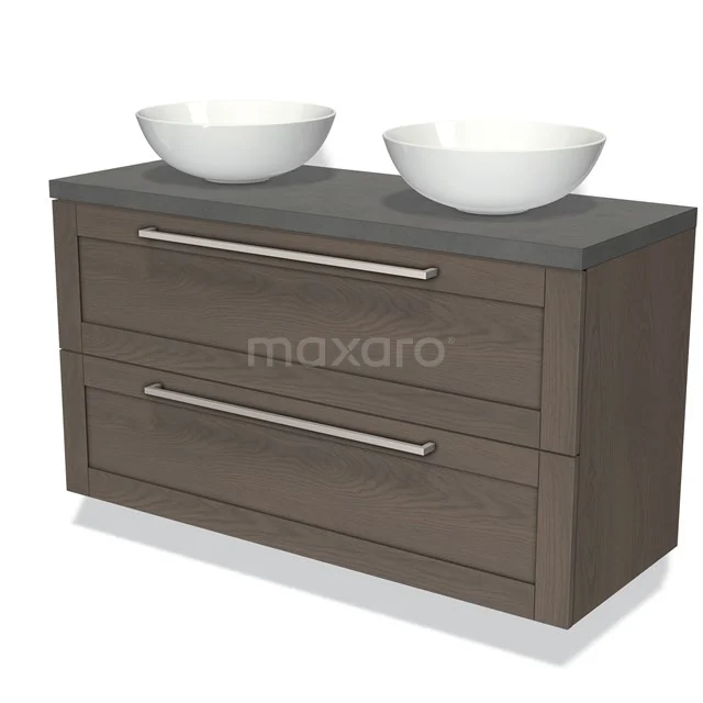 Wooden bathroom unit with dark finish, double drawers and stone worktop with two modern white countertop wash basins.