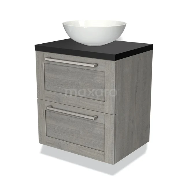 Houten badkamermeubel met een zwart bovenblad en witte waskom, grijs eiken afwerking, twee lades en modern design.