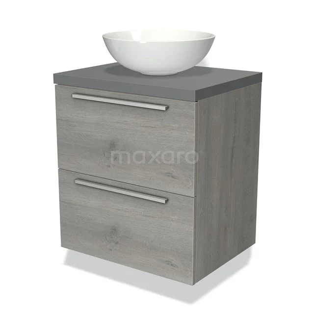 Grijze houten badkamerkast met twee lades en een witte komvormige wastafel, ideaal voor moderne badkamerinrichtingen.