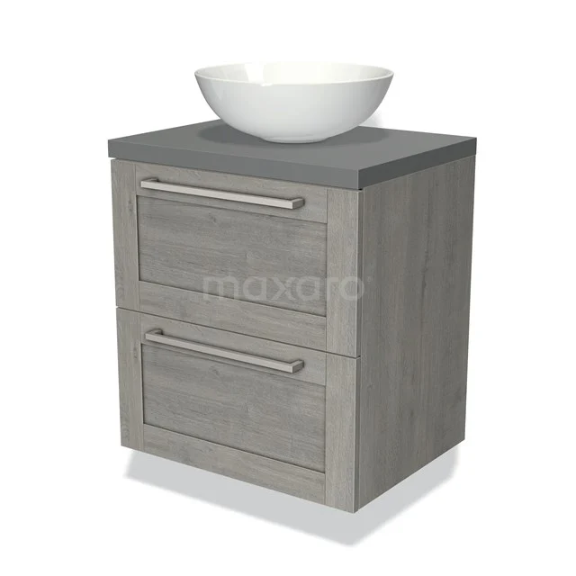 Graues Holz-Waschtisch mit zwei Schubladen und einem runden weißen Keramik-Aufsatzwaschbecken, ideal für einen modernen Badezimmerstil.