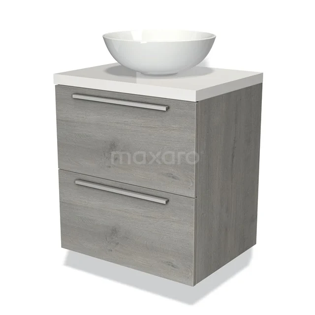 Grijze houten badkamerkast met twee lades en een witte wastafel in moderne stijl, ideaal voor compacte badkamers.