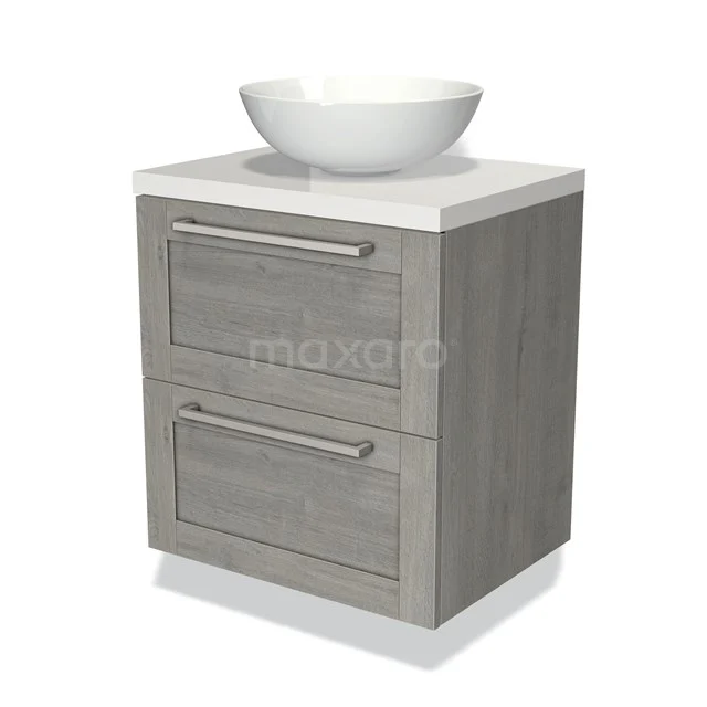 Grijs eikenhouten badkamermeubel met witte waskom, twee lades en strak design. Perfect voor moderne badkamers.