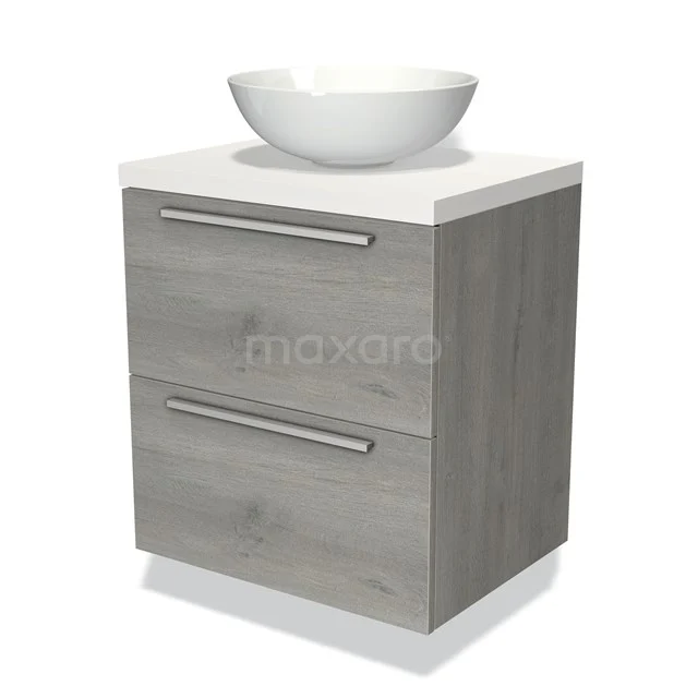 Badkamermeubel in houtlook met twee lades en een witte keramische waskom, perfect voor een moderne badkamerstijl.