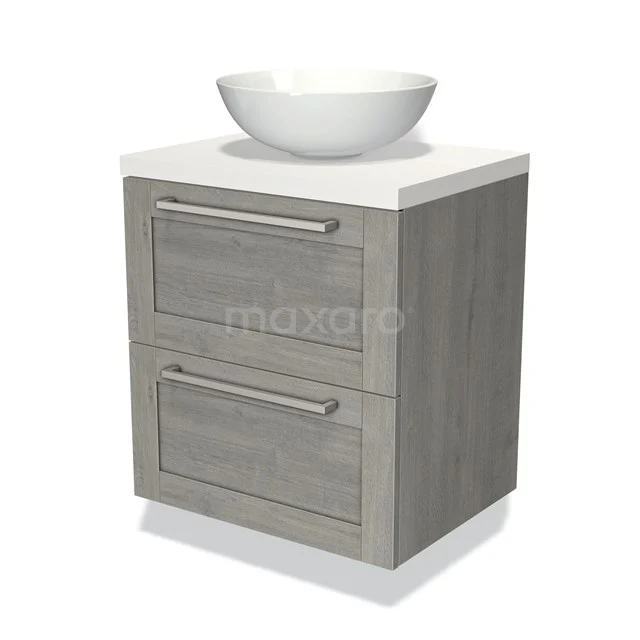 Grey bathroom furniture set with wooden look, white ceramic countertop wash basin and two drawers. Modern design for extra storage space.
