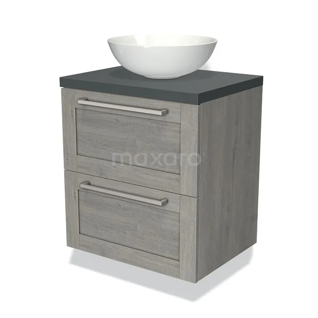 Modern grijs badkamermeubel met twee lades en witte opbouw wastafel, houtlook afwerking voor een stijlvolle badkamer.