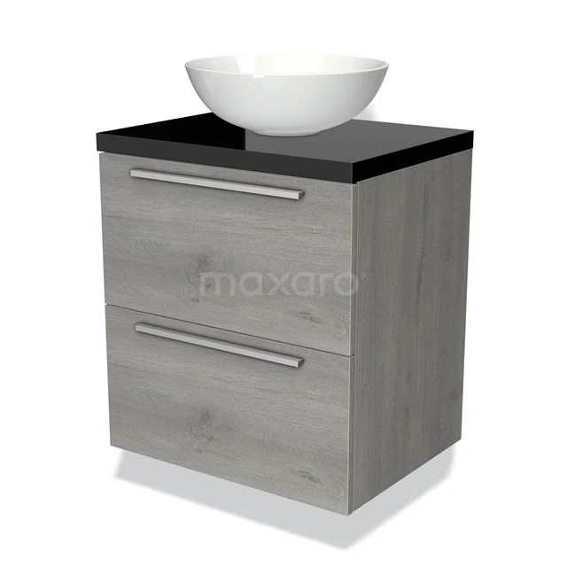 Houten badkamerkast met zwart blad en ronde witte waskom, moderne uitstraling, perfect voor stijlvolle badkameropslag.