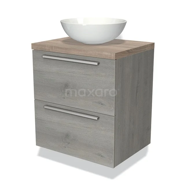 Grijze houten badkamermeubel met witte waskom, modern design met 2 lades en metalen handgrepen, ideaal voor een eigentijdse badkamer.