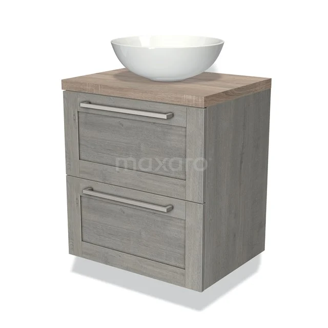 Houten badkamermeubel in grijstint met waskom, twee lades en chromen handgrepen, ideaal voor moderne badkamers.