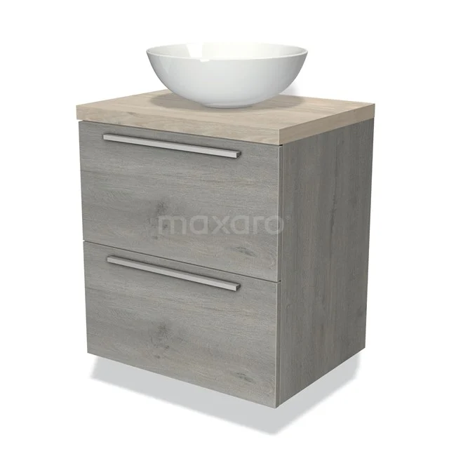 Grijs badkamermeubel met houtlook, twee lades en een moderne witte wastafel. Perfect voor een stijlvolle en praktische badkamer.