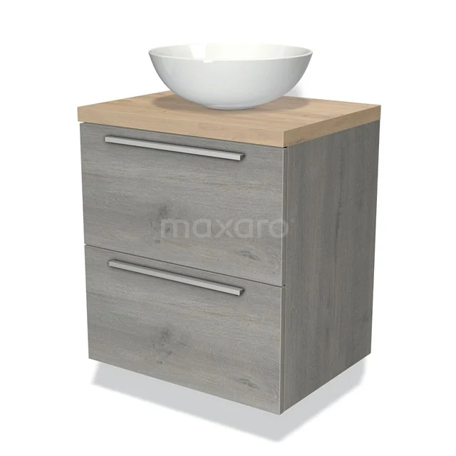 Houten grijze badkamermeubel met waskom, 2 lades en metalen handgrepen, ideaal voor moderne badkamerinrichting.