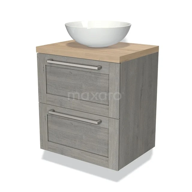 Grijze houten badkamermeubel met blad van licht eiken en witte ronde wastafel, ideaal voor moderne badkamerinrichting.