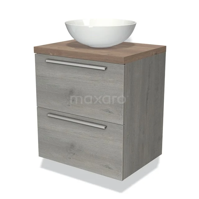 Badkamermeubel met wastafel, grijs houtlook, twee lades, modern design, ideaal voor een stijlvolle en praktische badkamer.